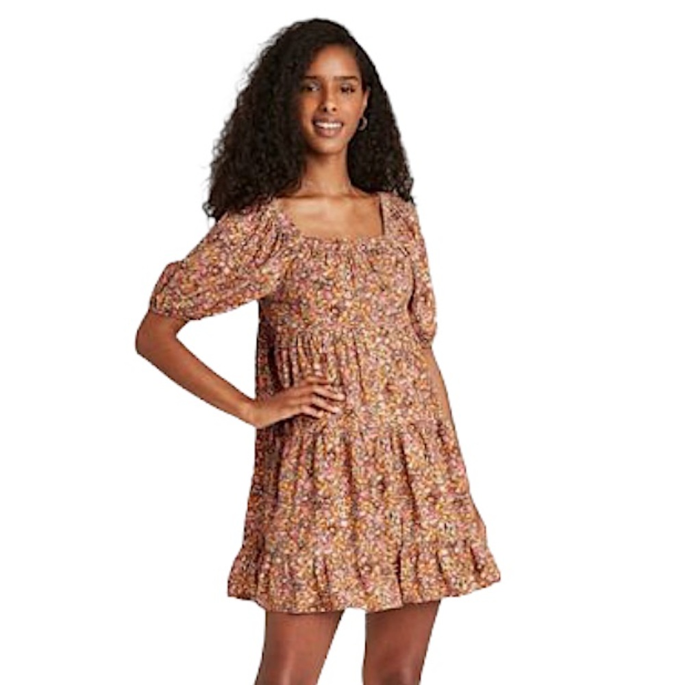 Wild Fable Ruffled Floral Babydoll Tiered Mini Dress Brown Neutrals